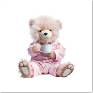 Adorable Teddy Bear in Pajamas Drinking Coffee Early in the Morning Posters and Art